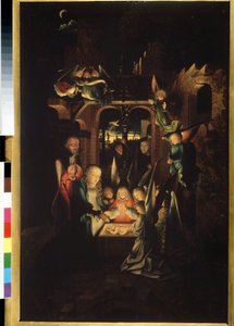 ""Syntymä"" (Kristuksen syntymä (Pyhä yö)) Jan Joestin maalaus (noin 1460-1519) 1500-luvun Pushkin-museo, Moskova tekijältä Jan Joest van Kalkar
