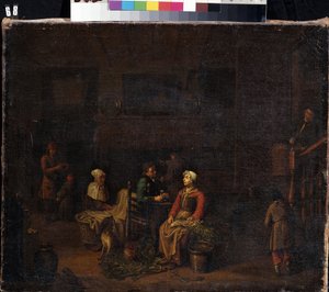""Keittiö"" (Keittiö) Palvelijat valmistamassa aterioita isäntilleen, nainen pilkkoo vihanneksia, toinen takana pesutuvan vieressä, kun mies keskustelee juoessaan. Jan Joseph Horemans vanhemman (1682-1759) maalaus 1700-luvun Mik
