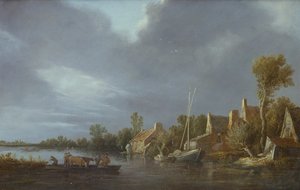 Kylä joen rannalla talonpoikien ja karjan kanssa lautalla tekijältä Jan Josephsz van Goyen