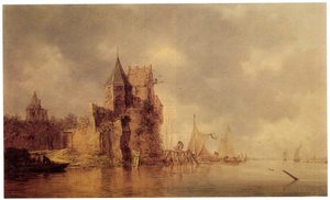 Keskiaikainen torni linnan vallella, purjelaivoja laiturilla ja soutuvene etualalla, n. 1642 (öljy paneelissa) tekijältä Jan Josephsz van Goyen