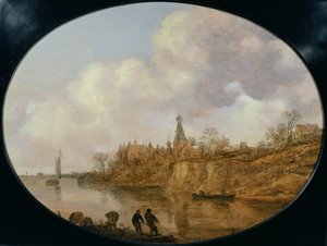 Kolme kalastajaa nostamassa verkkoa ja koreja joen rannalla Maisema, jossa on linna ja kylä kaukana tekijältä Jan Josephsz van Goyen