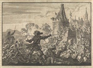 Hugenottien puolustaman Livronin muurien torjuttu hyökkäys, 1574 tekijältä Jan Luyken