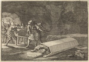 Rooman hautauspalvelijat näkevät, että Antonio Marlini, jonka he olivat hautaaneet holviin muutama päivä aiemmin, oli ilmeisesti kuollut, 1696 tekijältä Jan Luyken