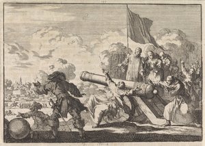 Groningenin piiritys, jossa kuusi munkkia siunaa tykin, 1672 tekijältä Jan Luyken