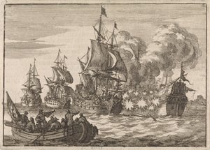Valenciassa kolme ranskalaista laivaa hyökkää amiraali Tourvillen johdolla espanjalaisen amiraali Papachinoon, koska se ei tervehtinyt tarpeeksi nopeasti, 1688 tekijältä Jan Luyken
