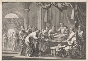 Kuningas Ptolemaios Philadelphuksen ritarikunnan 72 lainkääntäjän kokoontuminen tekijältä Jan Luyken