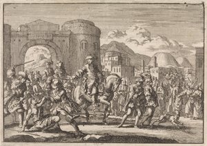 Ranskan lähettiläs sulttaanin luona saapuu Jerusalemiin hevosen selässä vuonna 1674 tekijältä Jan Luyken