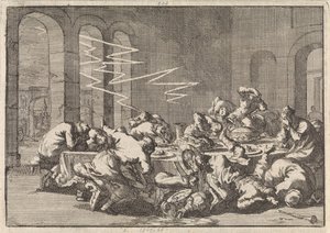 Puolassa Perzynin kylässä salama tappaa 23 ihmistä kasteaterian aikana, 1676 tekijältä Jan Luyken
