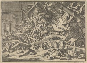 Sortunut galleria katolisen jumalanpalveluksen aikana Espanjan lähettilään talossa Lontoossa, 1623 tekijältä Jan Luyken