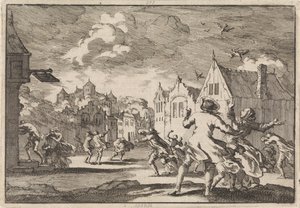 Luchowin linnan lähellä Lüneburgissa sijaitsevan kylän asukkaat yllättää pyörremyrsky, joka saa linnut putoamaan kuolleina taivaalta, 1671 tekijältä Jan Luyken