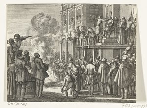 Jacob van Campen hiippa päässään mestauslavalla Amsterdamissa, 1535 tekijältä Jan Luyken