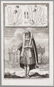 Juutalainen mies, pukeutunut rukoukseen. Taustalla Amsterdamin portugalilainen synagoga tekijältä Jan Luyken