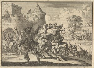 Keisarillinen komentaja Dampier putoaa hevoseltaan laukauksen jälkeen Presburgin (Bratislava) muureista, 1620 tekijältä Jan Luyken