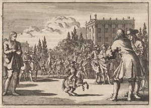 Madridin aukiolle väkijoukko on kokoontunut Louisillon, Espanjan kuninkaan kääpiön ympärille, 1675 tekijältä Jan Luyken