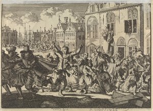 Enkhuizenin kapina, jossa vara-amiraalien Kwastin ja Turkin talot tuhoutuvat, 1635 tekijältä Jan Luyken