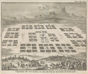 Israelin kahdentoista heimon leirit sijaitsevat tabernaakkelin ympärillä Campement des XII Tribus, et celui des Levites tout autour du Tabernacle (otsikko esineessä)