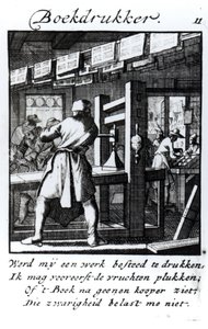 Kirjapainokone, Abraham van St. Claran ammattikirjasta "Iets voor Allen", 1736 (kaiverrus) tekijältä Jan Luyken