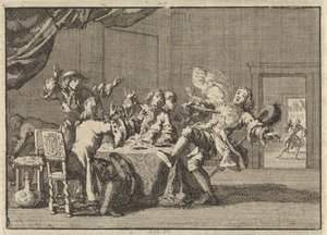 Thomas Tullock, Skotlannin kuningas James II:n kannattaja, kuolee hänen aseensa odottamattomassa laukaisussa, 1690 tekijältä Jan Luyken