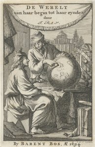Kaksi miestä tutkii maapalloa Nimisivu artikkelille: J. Ray, Maailma alusta loppuun, 1694 tekijältä Jan Luyken