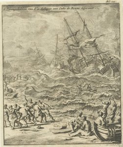 Haaksirikko Hyväntoivon niemellä, 1693 Kolmen laivan törmäys Cabo de Bonne Esperancessa (otsikko esineessä) tekijältä Jan Luyken