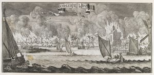 Näkymä Durgerdamin kylästä, lähellä Amsterdamia, vuoden 1687 palon aikana (kaiverrus) tekijältä Jan Luyken