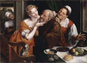Le couple mal assorti - huonosti sovitettu pariskunta, kirjoittanut Massys (Matsys), tammikuu (1510-1575). Öljy puulle