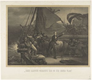 Jan van Speijk heittämässä sulaketta ruumaan, 1831 Hänen viimeinen ajatuksensa oli lippunsa kunnia (otsikko esineessä)