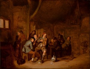 Figuurit tupakoivat ja soittavat musiikkia majatalossa, n. 1640 (öljy paneelille) tekijältä Jan Miense Molenaer
