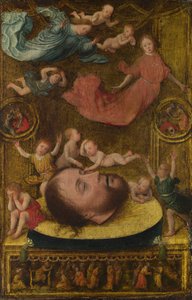 Pyhän Johannes Kastajan pää, suruenkelit ja Putti, 1500-luvun alku. tekijältä Jan Mostaert