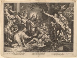Lasaruksen herättäminen tekijältä Jan Muller, after Abraham Bloemaert