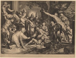 Lasaruksen herättäminen tekijältä Jan Muller after Abraham Bloemaert