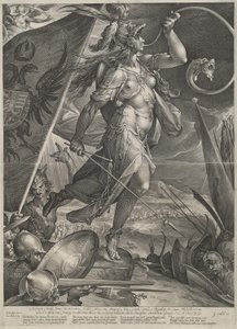 Bellona johtaa keisarillisia armeijoita turkkilaisia vastaan tekijältä Jan Muller after Bartholomaeus Spranger