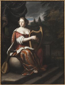 Femme jouant de la harpe - Lady Playing the Harpu, kirjoittaneet Mijtens (Meytens), Martin van, vanhempi (1648-1736). Öljy kankaalle. Mitat: 78x60 cm. Tukholman kansallismuseo