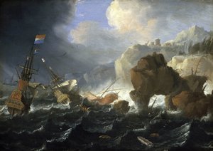 Hollantilainen laiva ja kaleoni ajavat myrskyssä karille kivikkoisella rannikolla. Jan Peetersin (1624-1677) öljy puulle.