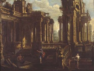 Klassisten raunioiden capriccio soturin, satyyrin ja Amorin kanssa jahtaamassa nymfiä