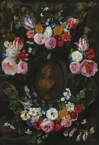 Swageilla ja kukkasuihkeilla koristeltu cartouche tekijältä Jan Philip van Thielen