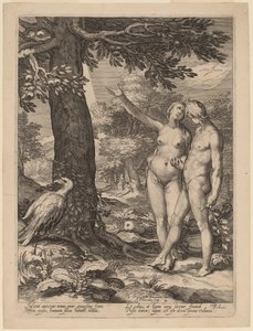 Aadam ja Eeva tiedon puun edessä tekijältä Jan Pietersz Saenredam after Abraham Bloemaert