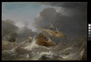Hollantilaisia laivoja myrskyssä, noin 1620 (öljy paneelille).