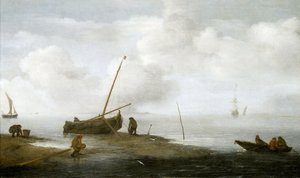Simpukankalastus, kalastusvene rannalla ja kolme miestä keräämässä simpukoita koreihinsa. Öljy kankaalle 1622, Jan Porcellis (1580-1632). tekijältä Jan Porcellis