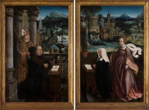Luovuttaja Pyhän Nikolauksen kanssa ja luovuttajan vaimo Pyhän Godelivan kanssa, n. 1515-21 (öljy paneelissa) tekijältä Jan Provoost