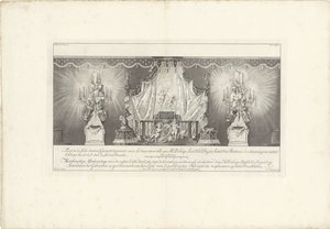 Huoneen takaosassa prinssi William IV:n majesteetti, 1751 Fond de la sale dessiné Geometriquement (...) / Meetkonstige Afteekeninge of the back Zijde der Zale with Cieraden soodanigh kuten den Hr. Delage Leuit. Col: Ingen.r ja intendantti tekijältä Jan Punt