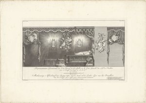 Hallin oikealla puolella prinssi William IV:n majesteetti, 1751 Edustus Geometrale du Côte Droit (...) / Meetkonstige Kuva salin oikeasta puolelta ja Splendor Bed -vuoteen vasemmasta puolelta, profiililla 