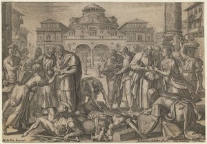 Apostolit jakavat rahaa apua tarvitseville, n. 1600 tekijältä Jan Sadeler