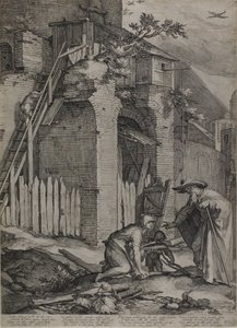 Profeetta Elie saapumassa Sareptasin taloon" Leski, 1604 tekijältä Jan Saenredam
