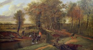 Metsäinen jokimaisema hahmoilla, hevosella ja kärryillä, 1692