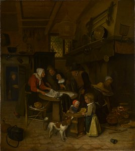 Kohtaus talonpoikaiskeittiössä, jossa palvelija pesee liinoja. tekijältä Jan Steen