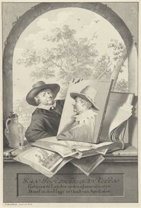 Mies, jolla on kansio, jossa on piirroksia ja muotokuva Jan van Goyenista
