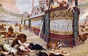 Postikortti, joka kuvaa verisiä pelejä Rooman areenalla, kuvitus kirjasta "Quo Vadis", 1910.