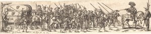 Sotilaiden usko, edessä upseeri hevosen selässä tekijältä Jan Theodor de Bry