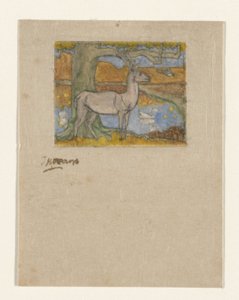 Hirvi lähellä puuta lammen edessä Hirvi lähellä puuta (alkuperäinen nimi) tekijältä Jan Toorop (signed by artist)